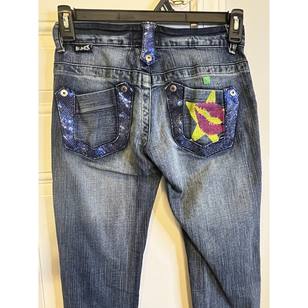 Akademiks Y2K Low Rise Embellished Jeans Size 26 Blue Sequin Lip Star Graphic